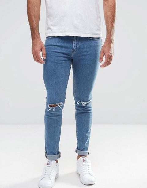 New Look - Jeans Skinny Blu Slavato Con Strappi Alle Ginocchia - Blu