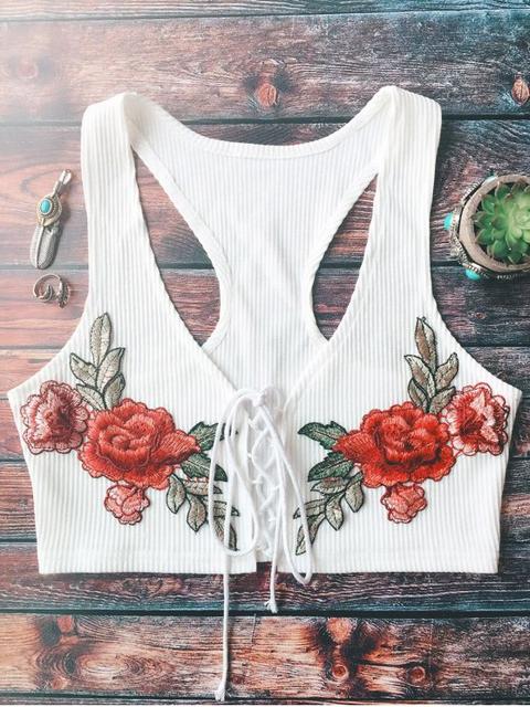 Lace Up Embroidered Knitted Cropped Tank Top