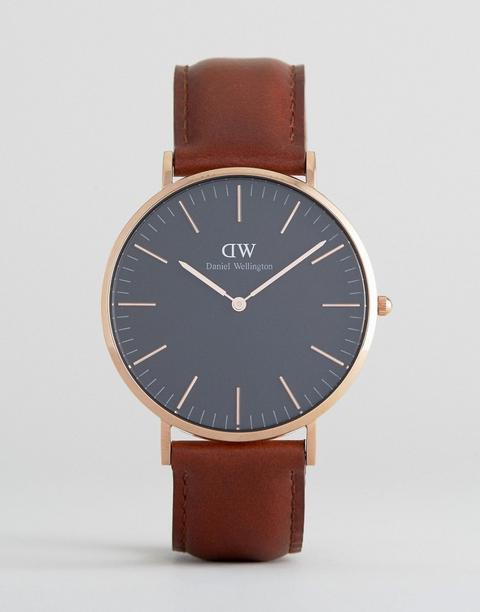 Daniel Wellington - St Mawes - Orologio Classico Nero In Pelle Con Quadrante Oro Rosa Da 40 Mm - Marrone