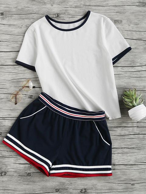 Ringer Tee And Striped Waist Binding Shorts Set