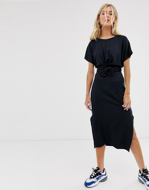 Bershka Midi Dress With Tie Waist In Black - Black