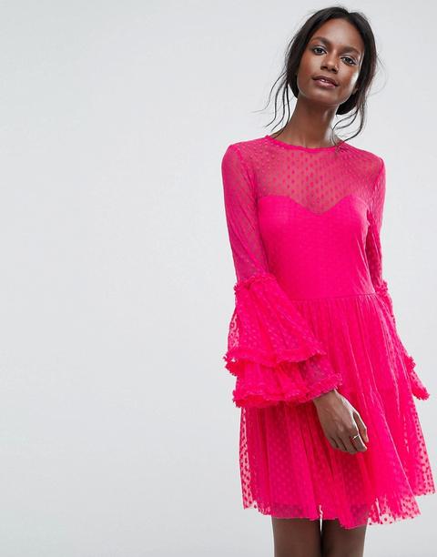 Lace & Beads - Vestitino Trasparente In Tessuto A Rete A Pallini Con Maniche Oversize - Rosa