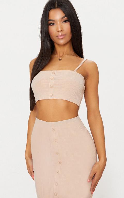 Stone Rib Square Neck Button Detail Crop Top, White