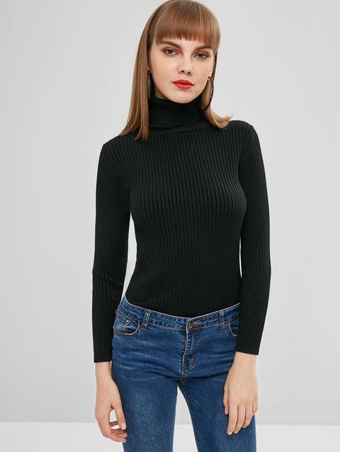 Maglione A Costine Con Collo Alto Black