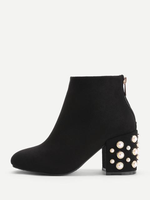 Faux Pearl Back Zipper Ankle Boots