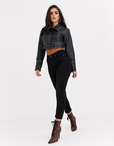 Asos Design Leather Look Statement Belt Jacket In Black