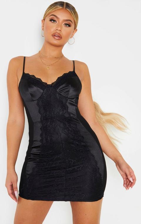 Black Stretch Satin Lace Insert Strappy Bodycon Dress