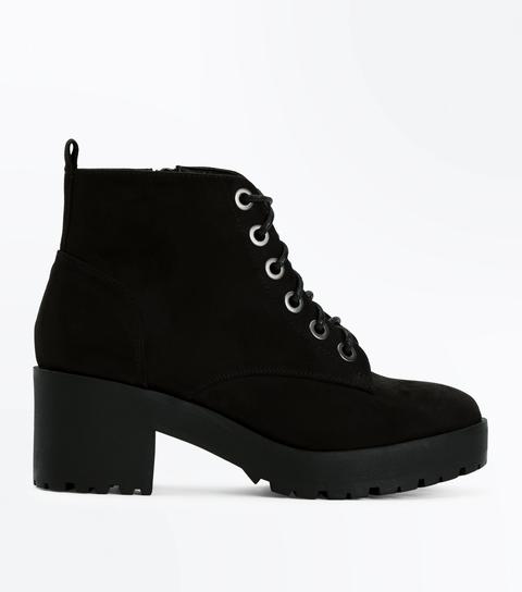 Girls Black Suedette Lace Up Chunky Boots New Look