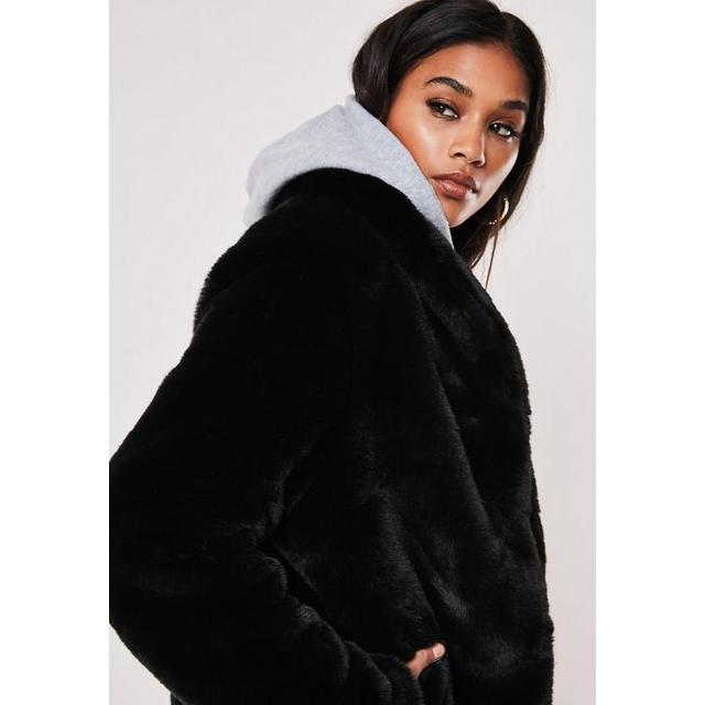 Black Shawl Collar Faux Fur Coat, Short Black Faux Fur Coat With Hood
