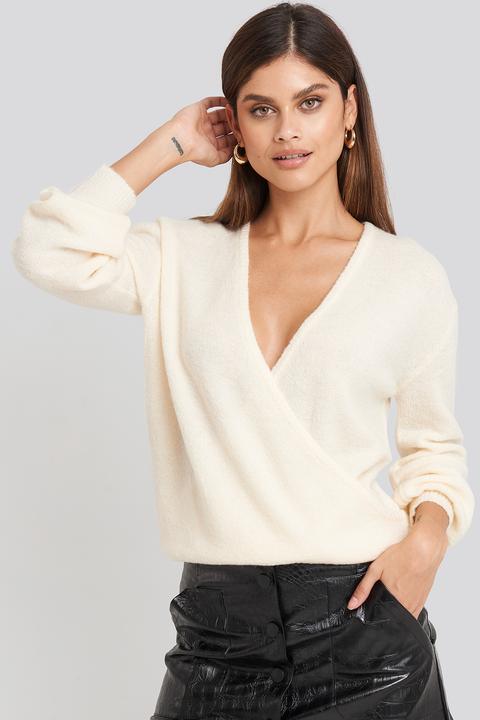 V-neck Overlap Knitted Sweater Weiß