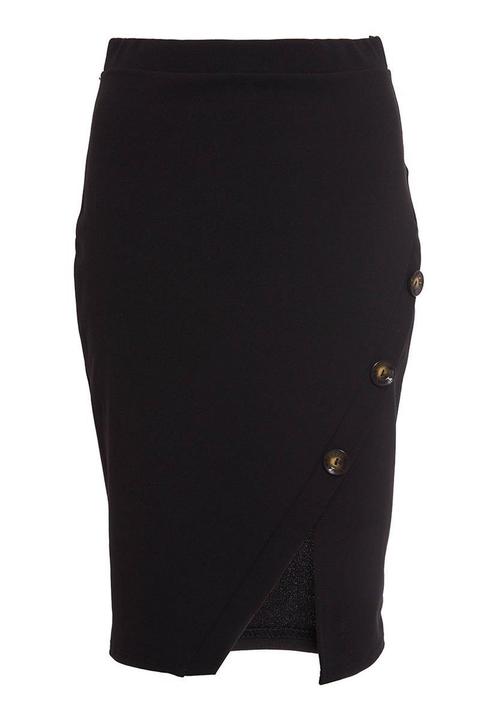 Black Button Asymmetric Midi Skirt