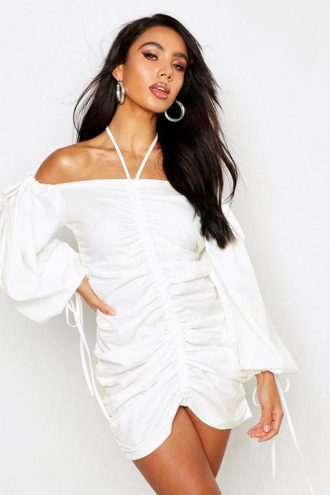 Womens Ruched Front Volume Sleeve Mini Dress - White - 10, White
