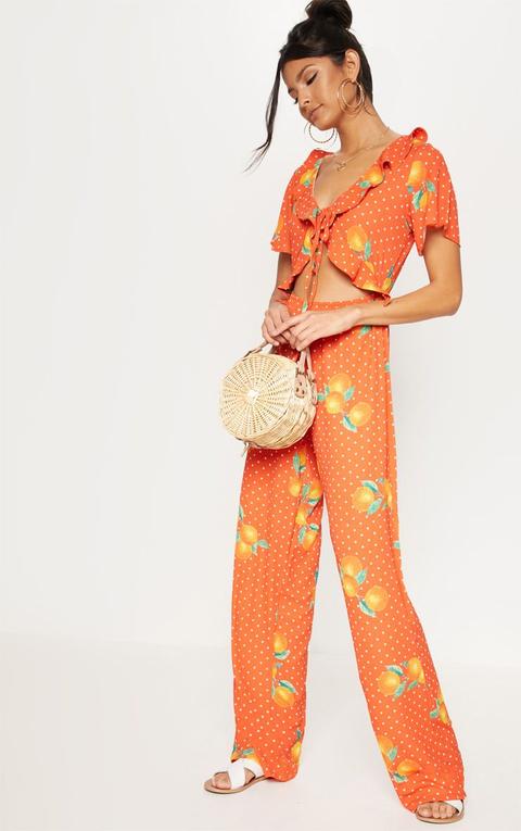 Orange Polka Dot Short Sleeve Frill Tie Front Jumpsuit