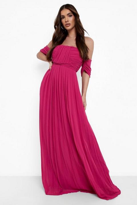 Womens Pleated Bardot Bridesmaid Maxi Dress - Red - 10, Red