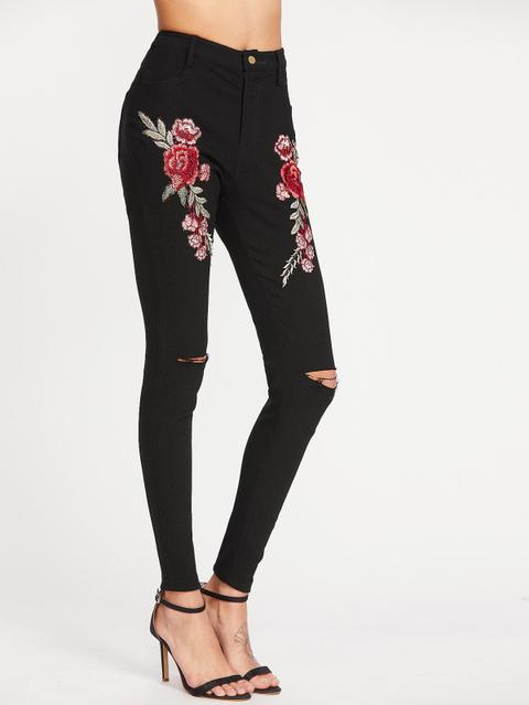 Pantaloni Al Ginocchio Rotto Con Rosa Applicazione - Nero