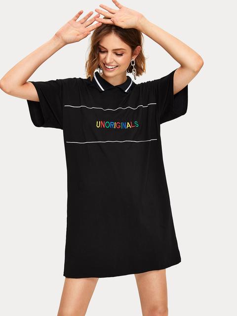 Letter Embroidery Shift T-shirt Dress