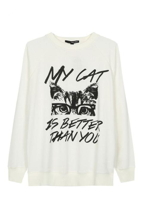 Felpa Beige Con Slogan E Gatto