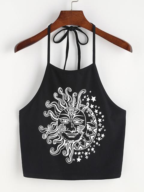 Sun And Moon Print Halter Neck Top