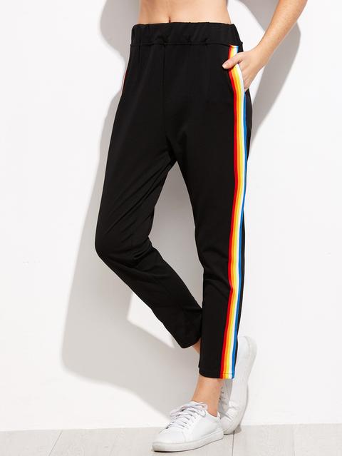 Pantaloni Lato A Strisce Arcobaleno - Nero