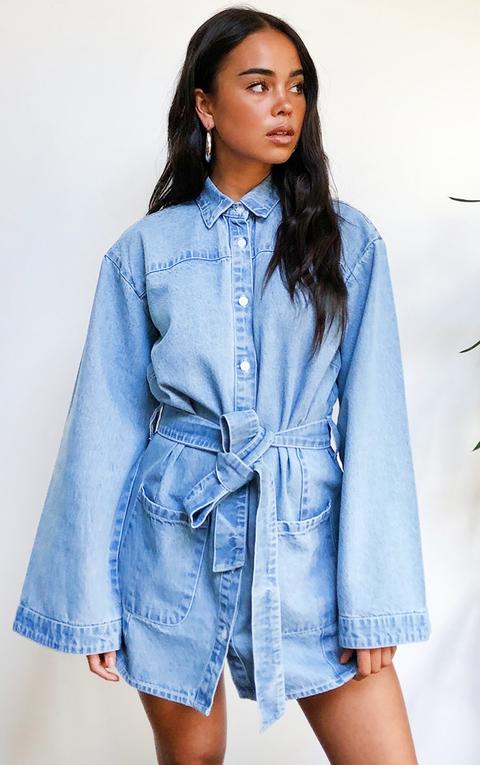 Light Blue Wash Bell Sleeved Tie Waist Denim Dress