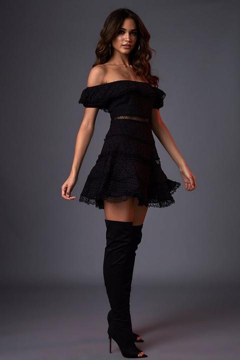 Black Broderie Anglais Off The Shoulder Skater Dress