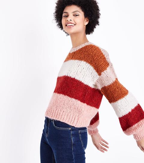 Red Colour Block Stripe Chunky Jumper