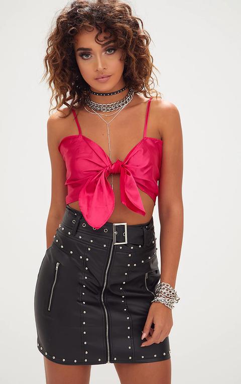 Fuchsia Tie Front Cami Crop Top, Pink