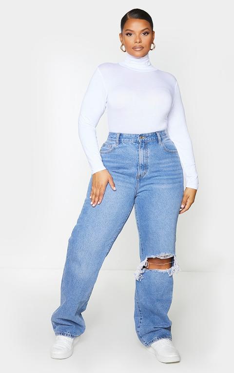 Plus Light Blue Wash Open Knee Long Leg Straight Leg Jeans