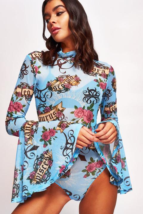 Astrology Print Flared Sleeve Mesh Bodysuit