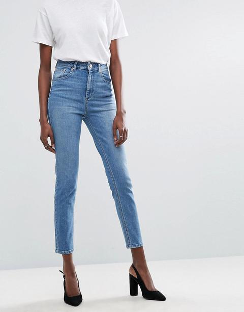 Asos Design - Farleigh - Mom Jeans Vita Alta Slim Stone Wash Chiaro - Blu