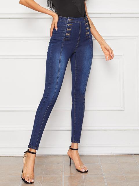 Jeans Aderenti Slavati Neri Con Doppio Bottone