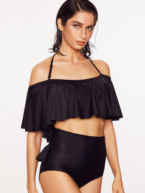 Nero Ruffle Particolare Vita Alta Halter Swimwear