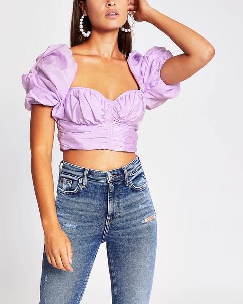 Light Purple Ruched Puff Sleeve Crop Top