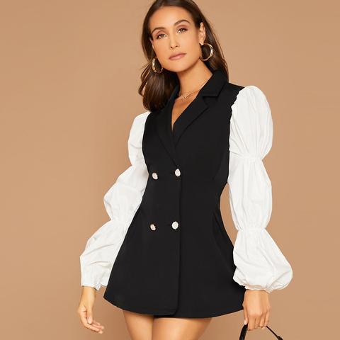 Contrast Blouson Sleeve Double Breasted Blazer Dress