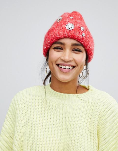 Gorro De Punto Esponjoso En Dos Tonos Con Adornos De Asos Design-rojo