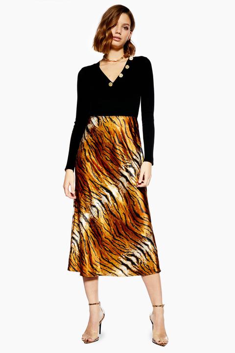 Womens Tiger Satin Bias Midi Skirt - Multi, Multi