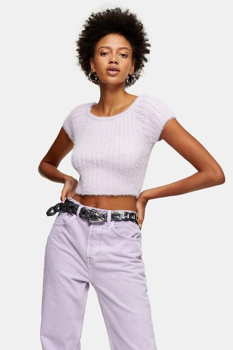 Womens Lilac Fluffy Knitted Crop Top - Lilac, Lilac