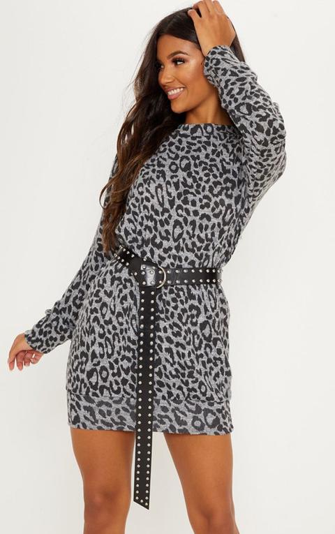Grey Knitted Leopard Print Jumper Dress 