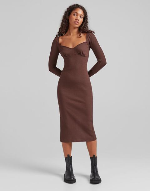 Long Sleeve Ribbed Midi Dress With Sweetheart Neckline