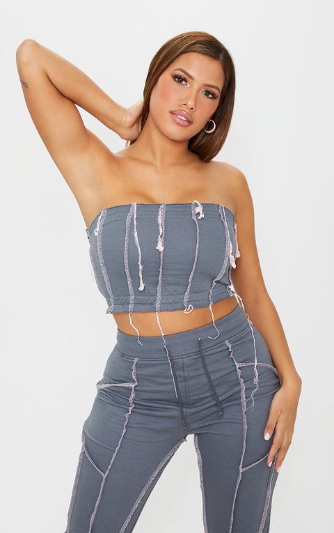 Shape Dark Grey Overlock Stitch Detail Bandeau Crop Top