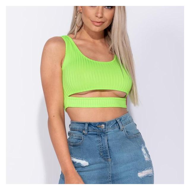 Neon Green Cut Out Front Rib Knit Crop 