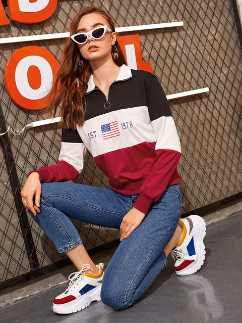 Felpa Con Stampa Bandiera Americadi Blocchi Di Colore E Anello-zipper Sul Collo