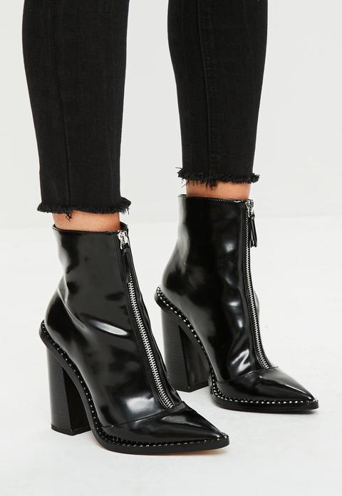 black ankle boots with front zip