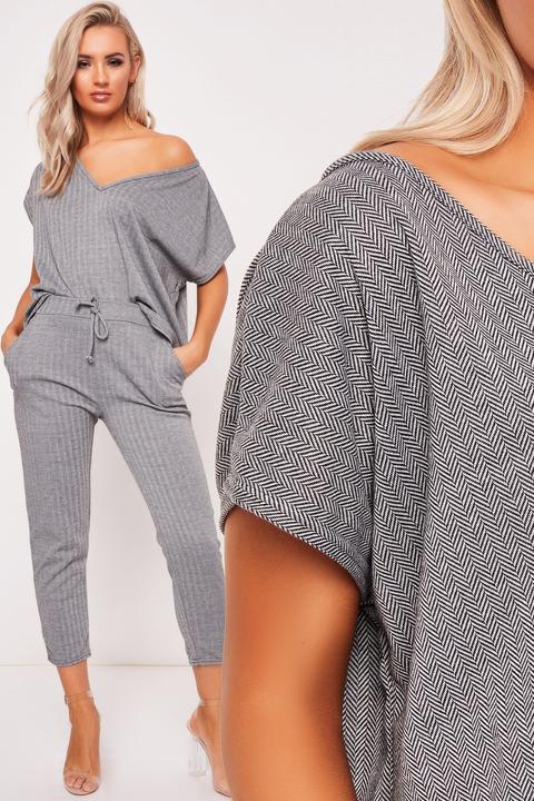 Francine Grey Jacquard V Neck Lounge Set