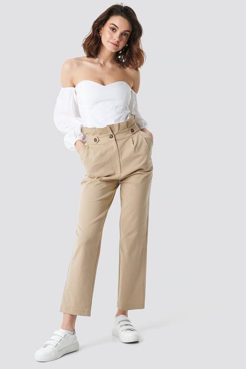 Button Detail Paperbag Pants Beige