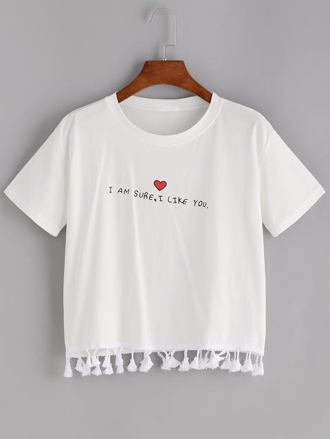 Heart And Slogan Print Tassel Hem Tee