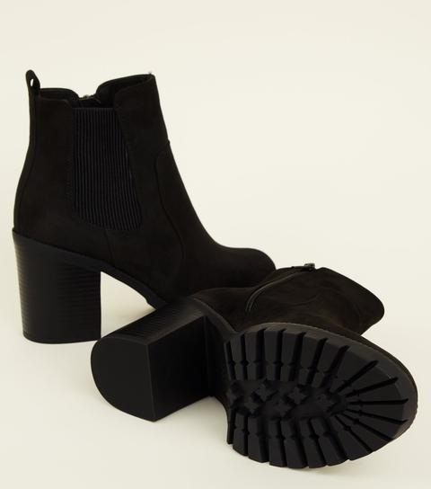 Wide Fit Black Suedette Block Heel Chunky Boots New Look
