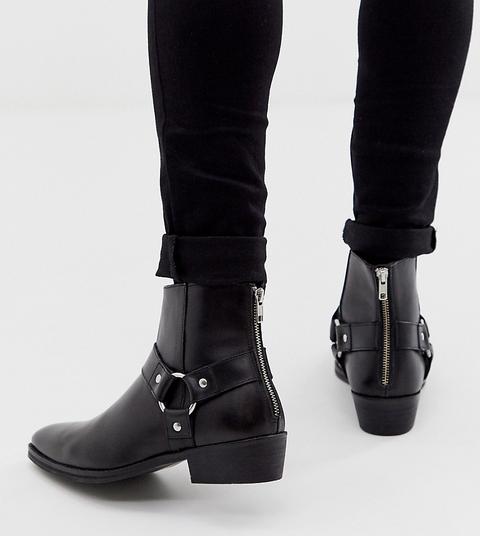 Botines Chelsea Estilo Western Con Tacón Cubano De Cuero Negro Con Detalle De Hebilla De Asos Design Wide Fit