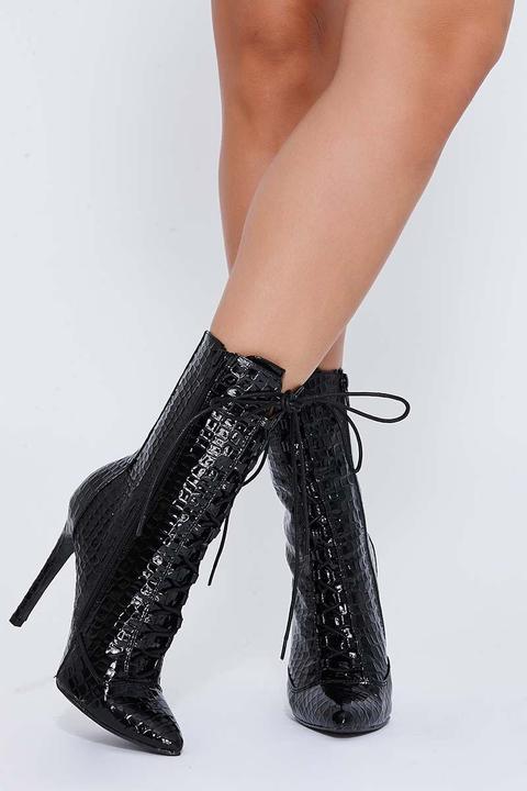 black croc lace up ankle boots