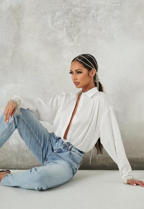 White Extreme Oversized Diamante Trim Shirt, White